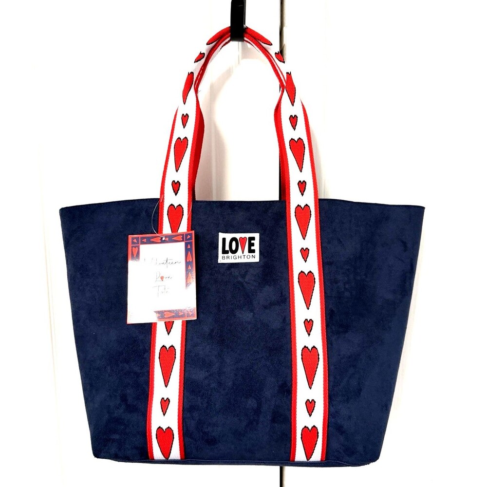 NWT Brighton Love Limited Edition Velveteen Tote Bag Navy Red Hearts Spacious